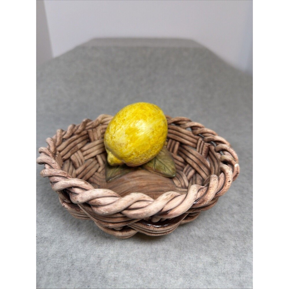 Alcobaca Ceramic Lemon & Leaves Woven Basket Handmade Portugal Signed 7"